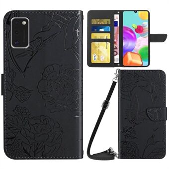 Imprinting Butterfly Flower Phone Case for Samsung Galaxy A41 (Global Version), PU Leather Wallet Stand Skin-touch Cover with Shoulder Strap