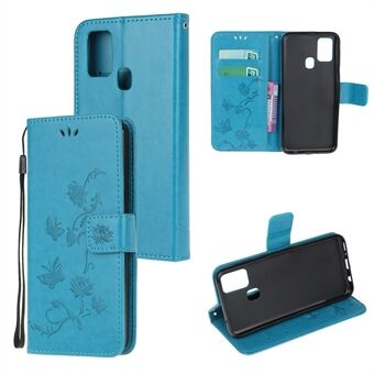 Imprint Butterfly Flower PU lædertaske med rem til Samsung Galaxy A21s