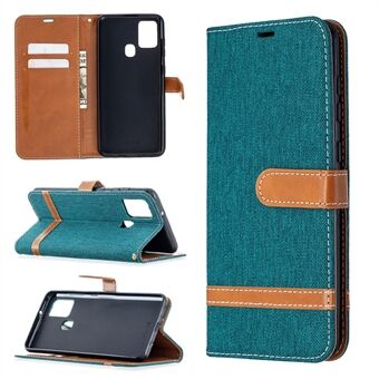 Colour Splicing Jeans Cloth Surface ith Wallet Lædercover til Samsung Galaxy A21s