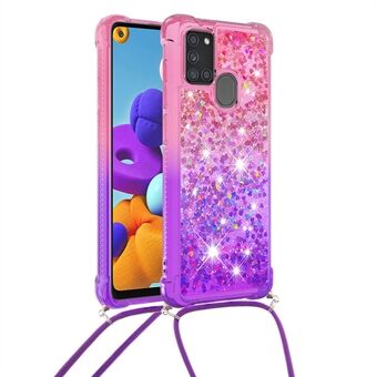 Shockproof Gradient Glitter Powder Quicksand TPU Phone Case with Strap for Samsung Galaxy A21s