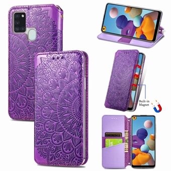 Imprinted Mandala Flower Pattern Auto-absorbed PU Leather Case Stand Wallet for Samsung Galaxy A21s