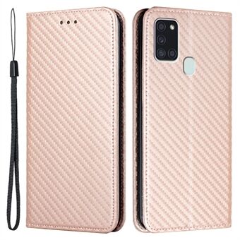 Anti-shock Telefon Flip Cover Carbon Fiber Texture Stand Pung Design Autoabsorberet PU læder+TPU telefoncover til Samsung Galaxy A21s