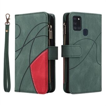 KT Multi-function Series-5 For Samsung Galaxy A21s Smartphone Cover Imprinted Curved Line Pattern Phone Case Bi-color PU Leather Wallet Design Phone Protective Shell