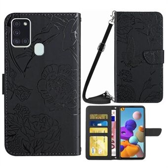 Skin-touch Feeling PU Leather Phone Case for Samsung Galaxy A21s (EU Version), Flower Butterflies Pattern Imprinting Design Hands-free Stand Wallet Cover with Shoulder Strap
