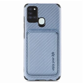 Til Samsung Galaxy A21s telefontaske Carbon Fiber Texture PU Læder + TPU + PVC Anti-slid cover med magnetisk absorption Aftagelig kortholder
