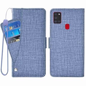 Telefon Flip Wallet Case til Samsung Galaxy A21s, Jean Cloth Texture PU Stand cover med roterende kortpladser