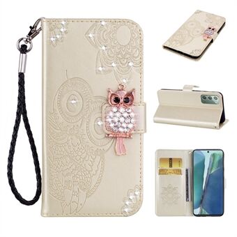 Rhinestone Decor Imprint Owl Flower Leather Wallet Stand Case til Samsung Galaxy Note 20 5G / Galaxy Note 20