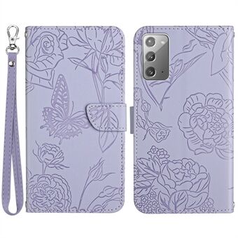 For Samsung Galaxy Note20 / Note20 5G Butterfly Flower Imprinted Skin-touch Feeling Wallet Case PU Leather Magnetic Protect Flip Stand Cover with Hand Strap