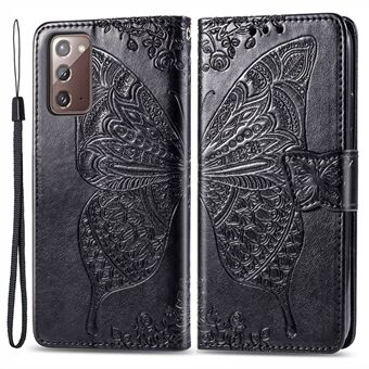 Til Samsung Galaxy Note20 / Stand 5G PU læder pung-etui med trykt sommerfuglemønster Stødsikkert telefonholdercover med rem