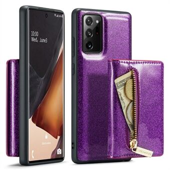 DG.MING M3-serien til Samsung Galaxy Note20 Ultra / Note20 Ultra 5G 2-i-1 glitrende PU-læderbelagt PC+TPU Anti-fald-tilbage-etui Kickstand Magnetisk aftagelig lynlås-pung telefoncover