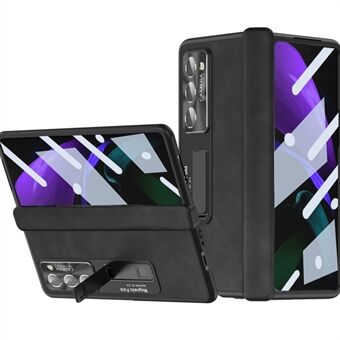Til Samsung Galaxy Z Fold2 5G Hængselbeskyttelse Kickstand-etui Nappa Texture PU-læder + PC stødsikkert telefoncover med hærdet glasfilm