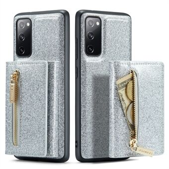 DG.MING M3-serien til Samsung Galaxy S20 FE 4G / 5G / S20 FE 2022 / S20 Lite 2-i-1 glitrende PU-læderbelagt PC+TPU Bagcover Kickstand Design Magnetisk aftagelig lynlås-pung telefoncover