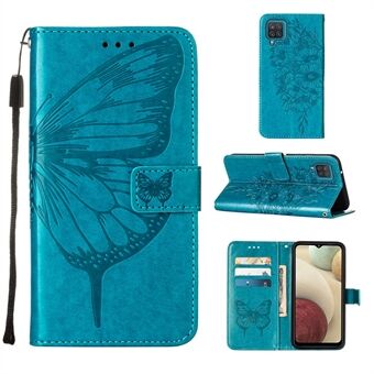 Imprint Butterfly Flower Pattern Wallet Stand Lædertaske til Samsung Galaxy A12