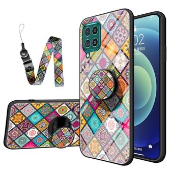 Farverige Flower Print Glas Hybrid Phone Case Protector med Stand Lanyard til Samsung Galaxy A12