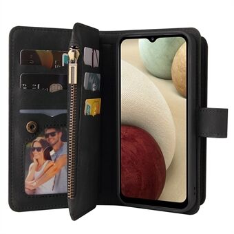 Flere kortpladser Telefon Beskyttende skal med lynlåslomme Skin-touch Feel Læder Stand Wallet Case til Samsung Galaxy A12