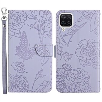 For Samsung Galaxy M12/A12 4G Skin-touch Feeling PU Leather Cell Phone Case Bag Butterfly Flower Pattern Imprinted Flip Wallet Phone Cover with Wrist Strap