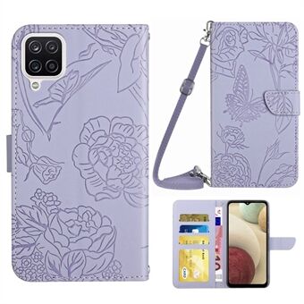 For Samsung Galaxy A12/M12/F12 Skin-touch Feeling PU Leather Mobile Phone Case Bag Imprinting Butterflies Flower Pattern Stand Wallet Cover with Shoulder Strap