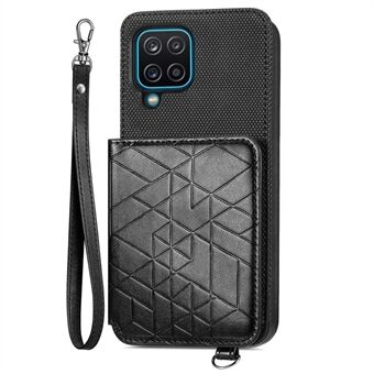 Til Samsung Galaxy A12 Kickstand tegnebogscover Geometri præget PU-læderbelagt TPU-etui Smartphonebeskytter med rem