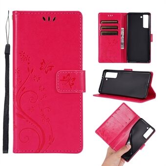 Butterfly Flower Imprinting Leather Wallet Phone Stand Case med håndledsrem til Samsung Galaxy S21 5G