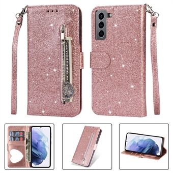Flash Powder Lynlås Pocket Wallet Flip Lædertelefontaske med rem til Samsung Galaxy S21 5G