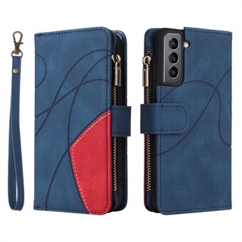 KT Multi-function Series-5 for Samsung Galaxy S21 4G/5G Bi-color Splicing 9 Card Slots Wallet Phone Case PU Leather Stand Zipper Pocket Cover
