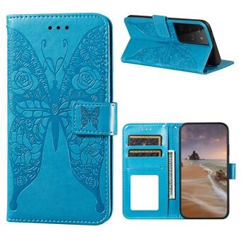 Til Samsung Galaxy S21 Ultra 5G Roses Butterfly Imprinting Pattern Læder Wallet Stand Case
