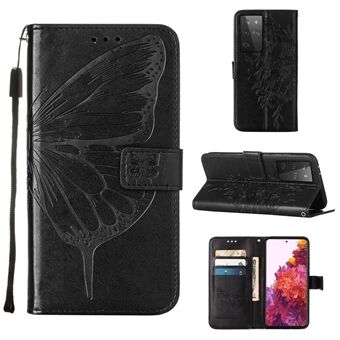 Imprint Butterfly Flower Pattern Wallet Stand Lædertaske til Samsung Galaxy S21 Ultra 5G