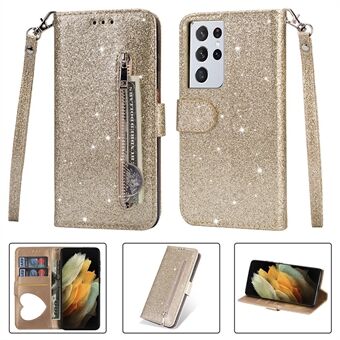 Flash Powder Lynlås Lomme Pung Flip Læder Telefon Taske med rem til Samsung Galaxy S21 Ultra 5G