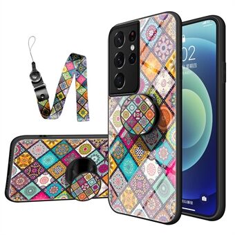 Farverige Flower Print Glas Hybrid Phone Case Protector med Stand Lanyard til Samsung Galaxy S21 Ultra 5G