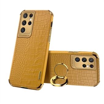 Crocodile Texture PU Læder Design + TPU Galvanisering Præcis Cutout Telefon Cover med Ring Holder til Samsung Galaxy S21 Ultra 5G