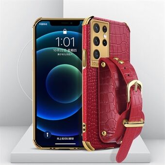 Kickstand Design 6D galvaniseret krokodille tekstur PU læderbelagt TPU telefon taske med håndbåndsrem til Samsung Galaxy S21 Ultra 5G