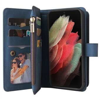 TPU-ramme + læderflip-etui Skin-touch Feel-telefoncover med lynlåslomme og flere kortpladser til Samsung Galaxy S21 Ultra 5G