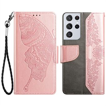 For Samsung Galaxy S21 Ultra 5G Wallet Stand Phone Case Scratch Resistant PU Leather Cover Phone Protector with Butterfly Flower Imprinted