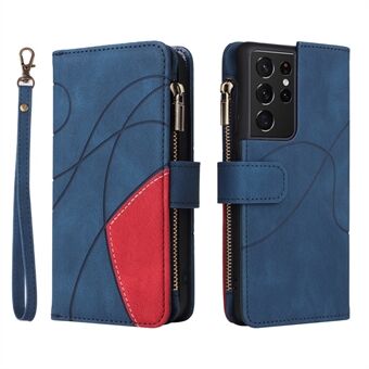 KT Multi-function Series-5 for Samsung Galaxy S21 Ultra 5G Multiple Card Slots Leather Phone Case Bi-color Splicing Zipper Pocket Wallet Stand Shell