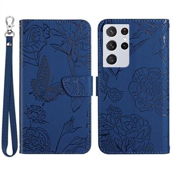 For Samsung Galaxy S21 Ultra 5G Skin-touch Feeling Butterfly Flower Pattern Imprinted Wallet Flip Case PU Leather Stand Magnetic Folio Protective Phone Cover with Strap