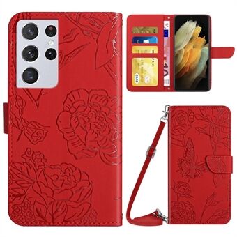 Skin-touch Phone Case for Samsung Galaxy S21 Ultra 5G, Imprinting Butterfly Flower Shoulder Strap Design PU Leather Wallet Stand Design Protective Cover
