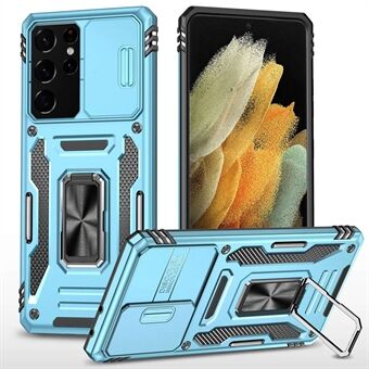 Til Samsung Galaxy S21 Ultra 5G Anti-Fall Phone Case Slide Camera Cover PC + TPU Ring Kickstand Cell Phone Shell