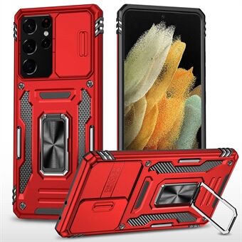 Til Samsung Galaxy S21 Ultra 5G Anti-Fall Phone Case Slide Camera Cover PC + TPU Ring Kickstand Cell Phone Shell