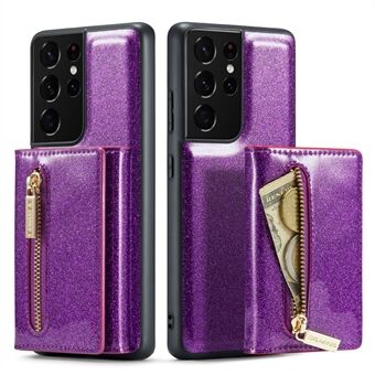 DG.MING M3-serien til Samsung Galaxy S21 Ultra 5G Glitter Glitrende magnetisk aftagelig lynlås lommecover Kickstand PU læderbelagt PC+TPU beskyttende telefoncover