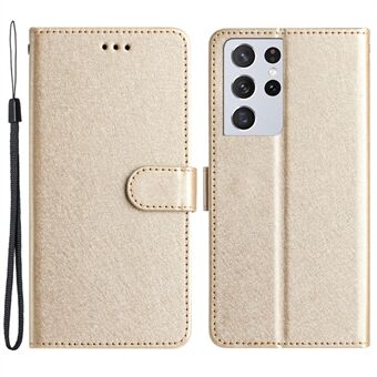 Slagfast etui til Samsung Galaxy S21 Ultra 5G Silk Texture Læder Wallet Stand Shell med håndstrop