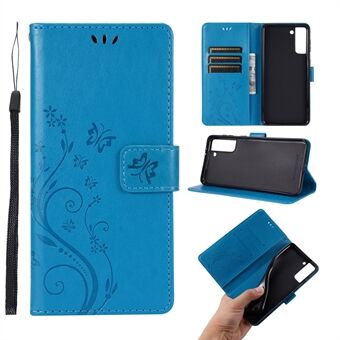 Læder Taske til telefon + håndledsrem med sommerfuglblomst præget til Samsung Galaxy S21 Plus 5G