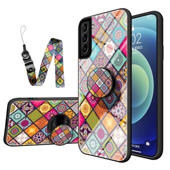 Farverigt blomstret glas Hybrid telefontaske beskytter med Stand lanyard til Samsung Galaxy S21+ 5G