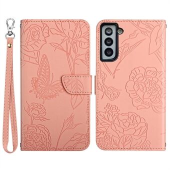 For Samsung Galaxy S21+ 5G Magnetic Butterfly Flower Pattern Imprinted Leather Flip Wallet Case Folio Stand View Skin-touch Feeling Shell with Wrist Strap