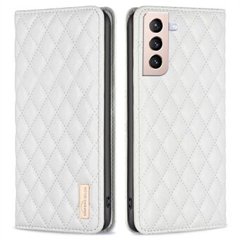 BINFEN COLOR BF Style-16 til Samsung Galaxy S21+ 5G PU læder kortholder Stand etui Rhombus påtrykt magnetisk autolukkende telefoncover