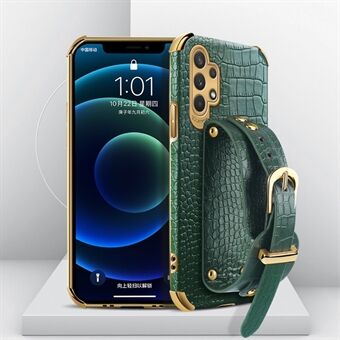 Håndledsremdesign 6D galvaniseret krokodille tekstur PU læderbelagt TPU telefon bagcover cover til Samsung Galaxy A32 5G