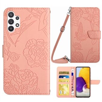 For Samsung Galaxy A32 5G/M32 5G Skin-touch Feeling Leather Phone Bag Case, Stand Butterfly Flowers Imprinting Pattern Wallet Cover with Shoulder Strap
