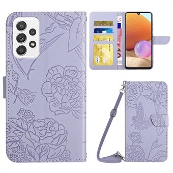 Stand etui til Samsung Galaxy A32 4G (EU-version), skin-touch læder Butterfly Flower påtrykt telefoncover med skulderrem