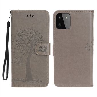 Owl Tree Pattern Imprint Læder Wallet Stand Case til Samsung Galaxy A22 5G (EU-version)