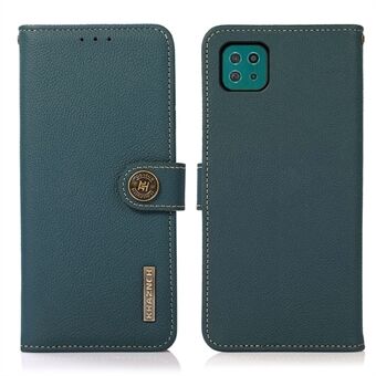 KHAZNEH tekstureret ægte læder mobiltelefon cover med RFID Anti-tyveri Swiping Design til Samsung Galaxy A22 5G (EU-version)