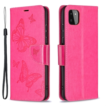 Butterfly Pattern Imprint Læder Wallet Case Shell til Samsung Galaxy A22 5G (EU-version)